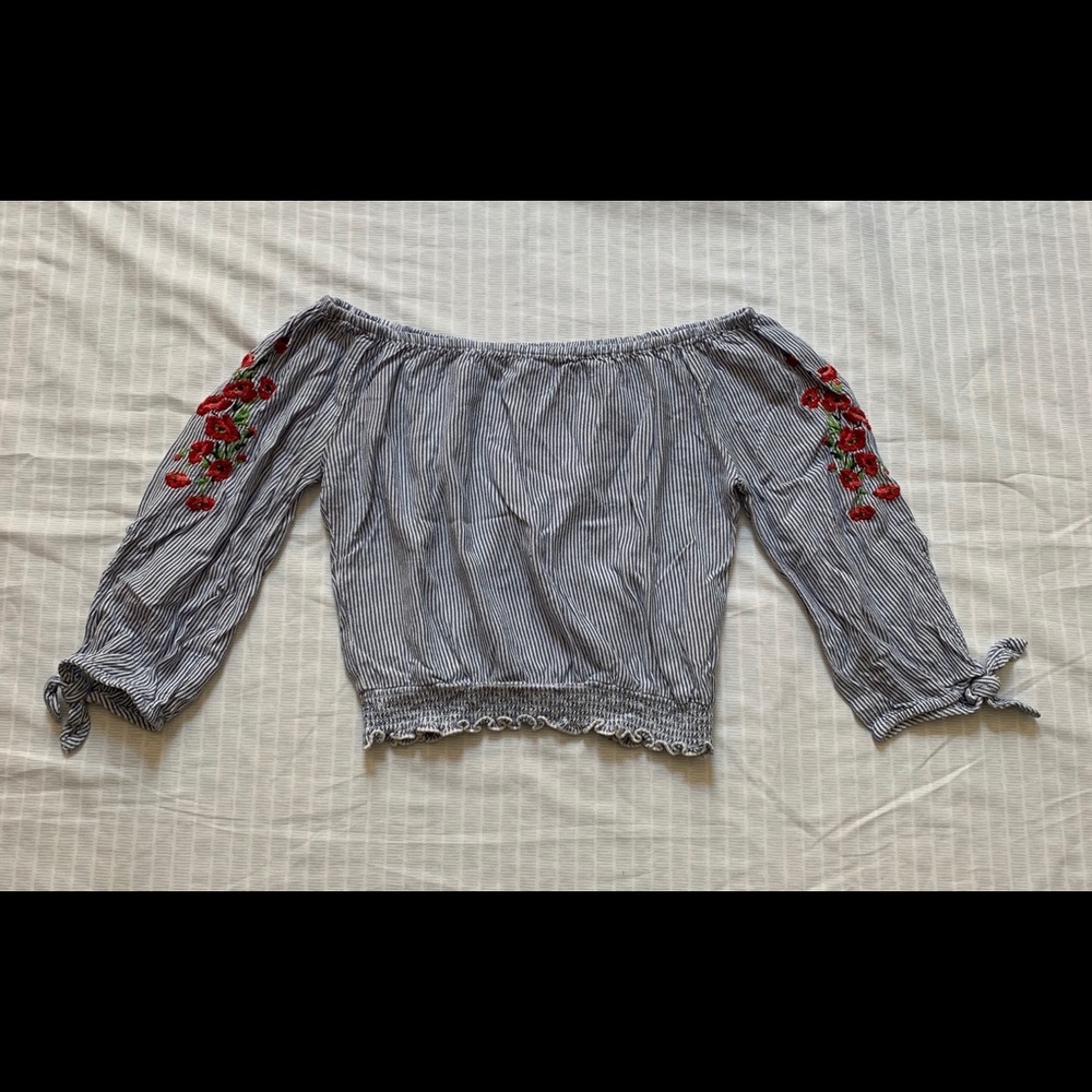 Stripe off the shoulder top with rose embroidery